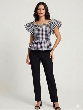 Ricki's Dark Navy Blue and White Gingham Off-Shoulder Blouse